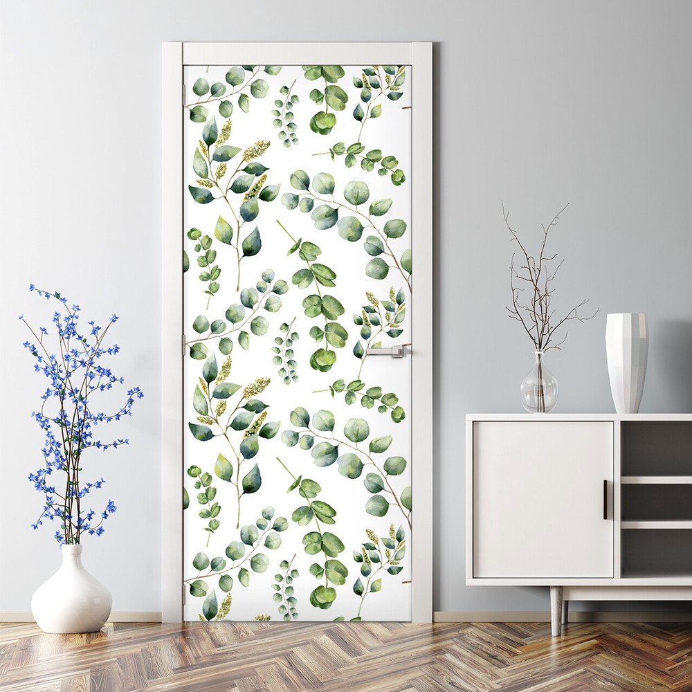 Eucalypti Bubble Free | Exotic Green Artwork | Repositionable Door Decal