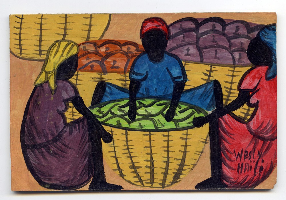 6 Inch Mini Haitian Folk Art Oil Painting on Cardboard Panel Village Women
