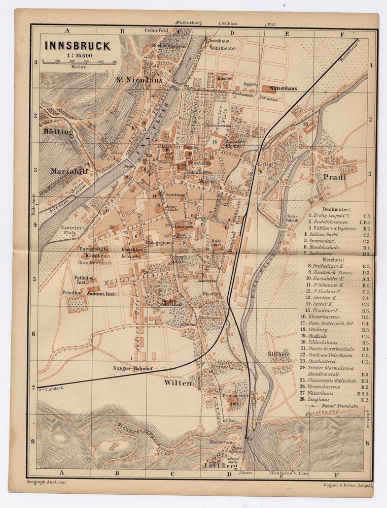 1895 Original Antique Map Of Innsbruck / Austria