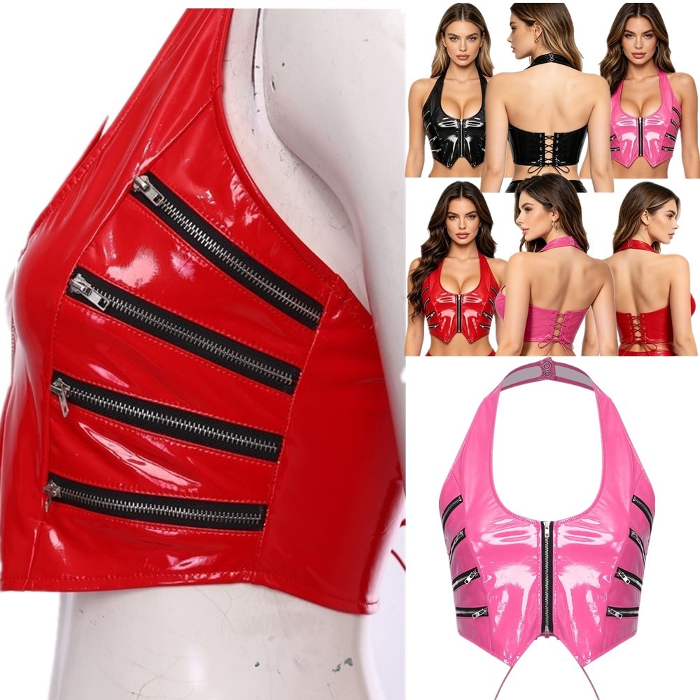 Women No-pad Bra Front Zip Wet Look Leather Crop Top Shiny Zipper Bustier Vest
