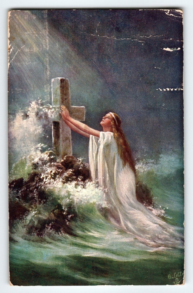 Easter Postcard Woman Kneeling In Sea Before Cross Light beaming Down Tuck 9378