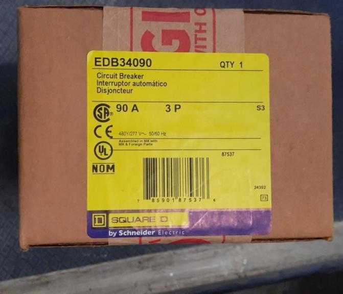 Square D EDB34090 Circuit Breaker - 90A, 3P, 480Y/277VAC, 25kA, Made in Mexico
