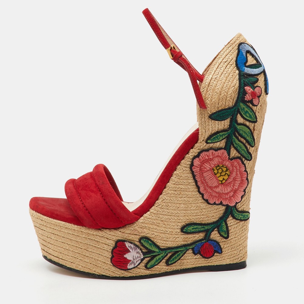 Gucci Red Suede Floral Embroidered Ankle Strap Wedge Espadrilles