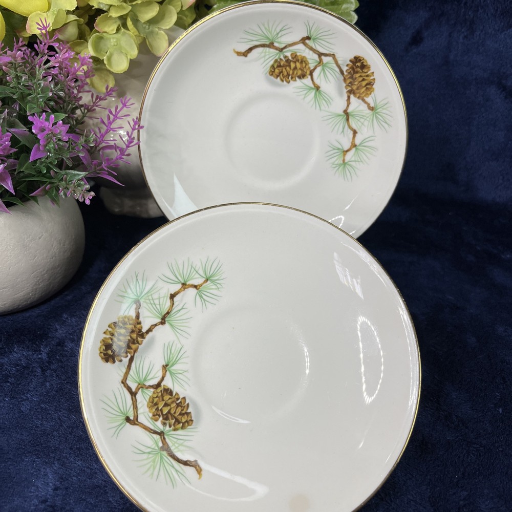 2 Homer Laughlin Nautilus Eggshell Pine Cone Saucers Plate 5.5” HLC204 Gold Rim