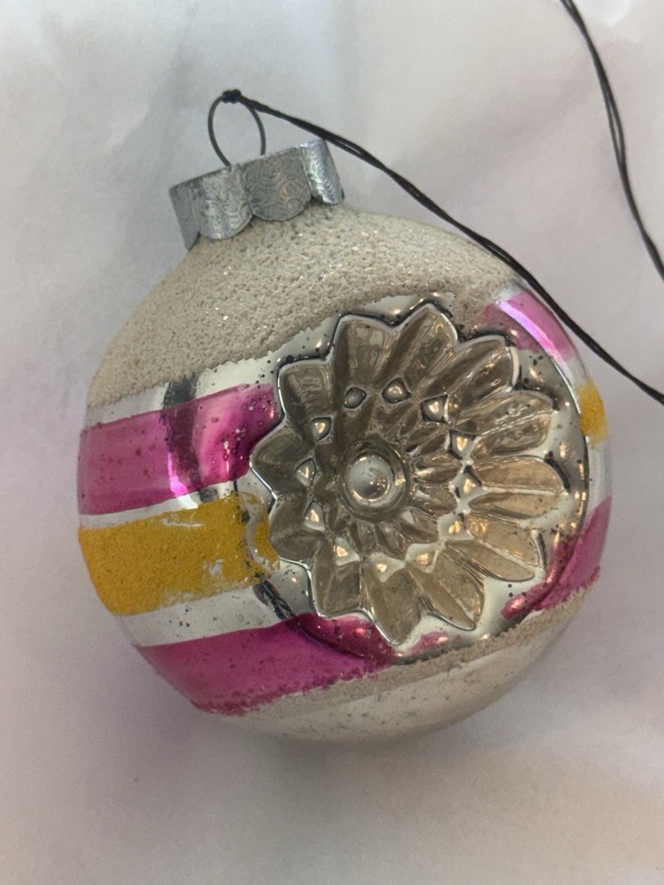 WWII Vintage Double Indent Shiny Brite Ornament Mica Orange Red-pink Stripe