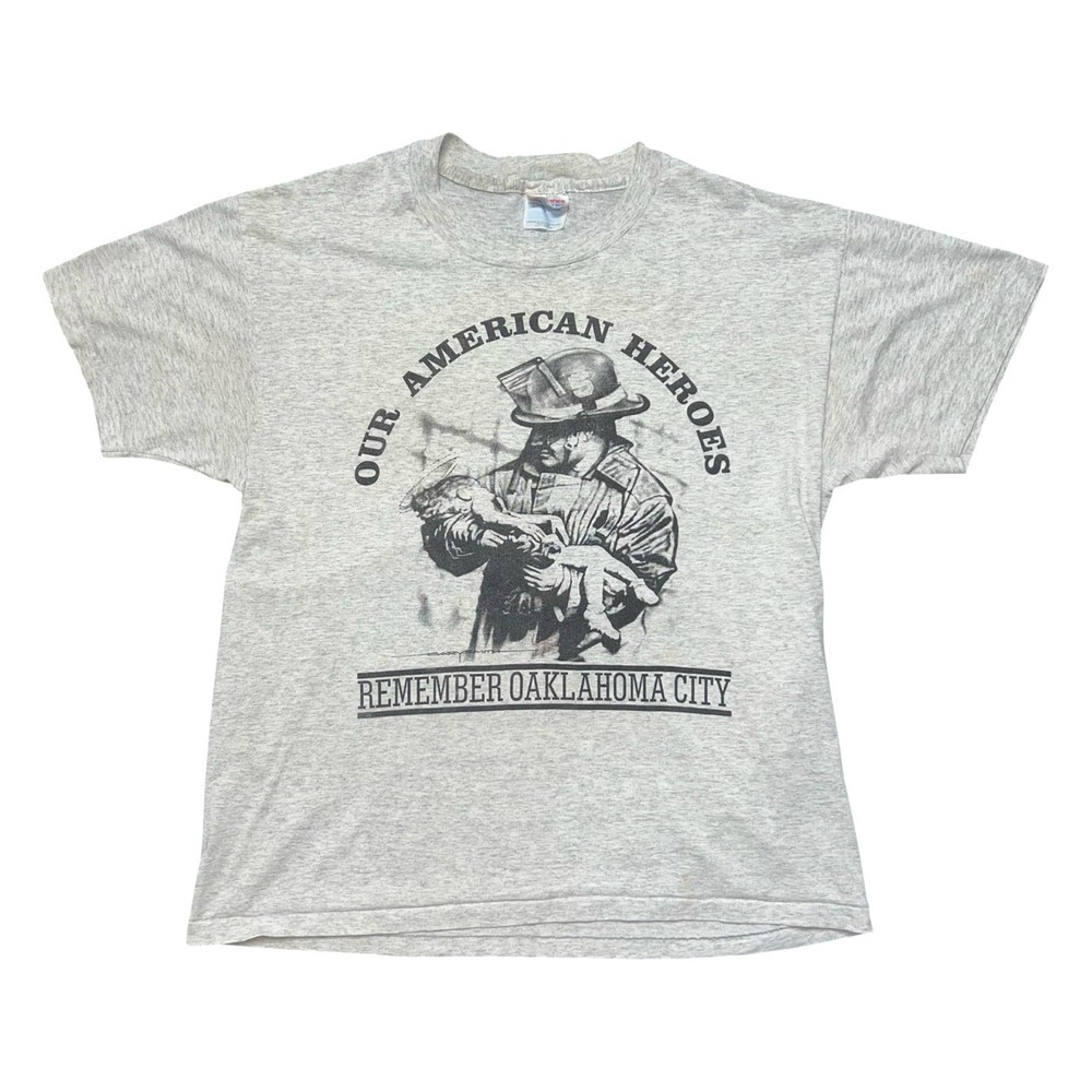 Vintage Oklahoma City Our American Heroes Shirt Mens Large Gray 90s Firefighter