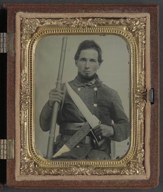 Confederate Soldier 1860s Musket Bowie Knife Engraved Sheath Portrait