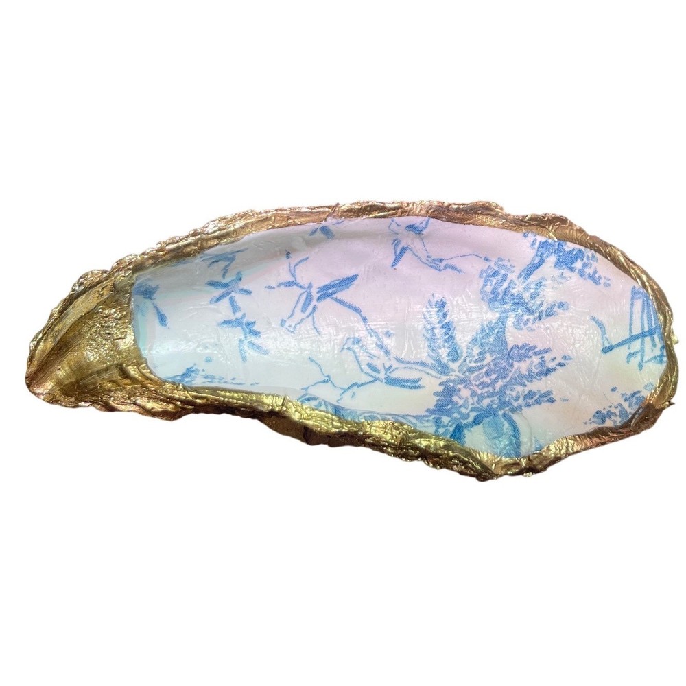 Gold Trim Blue Chinoiserie Oyster Shell Trinket Dish Jewelry Ring Holder Decor