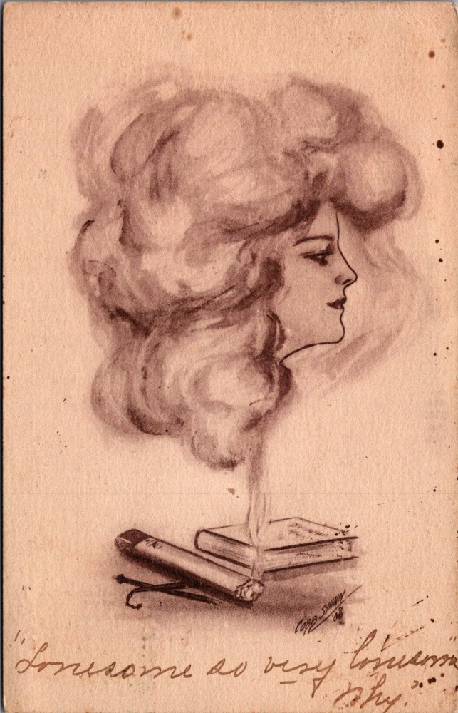 1908 Clara Tice Art Postcard Woman's Profile Book Cigar Lonesome Quote St. Louis