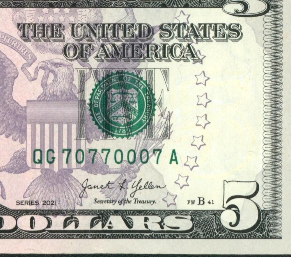(( Binary )) $5 2021 ((70770007)) Fancy Serial # ** Paper Currency