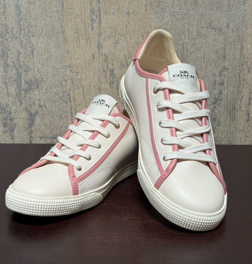 Coach Women’s Leather Sneakers Pink Trim White Lace-Up Size 8B EU 38.5