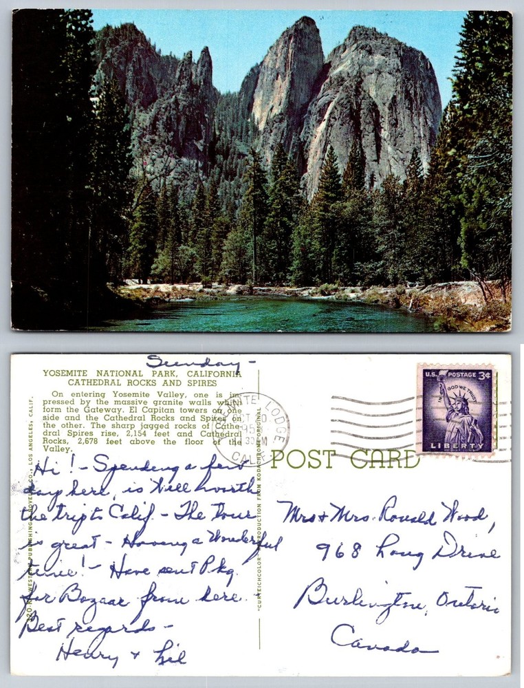 Yosemite National Park Cathedral Rocks Spires Curteichcolor Postcard 1960s
