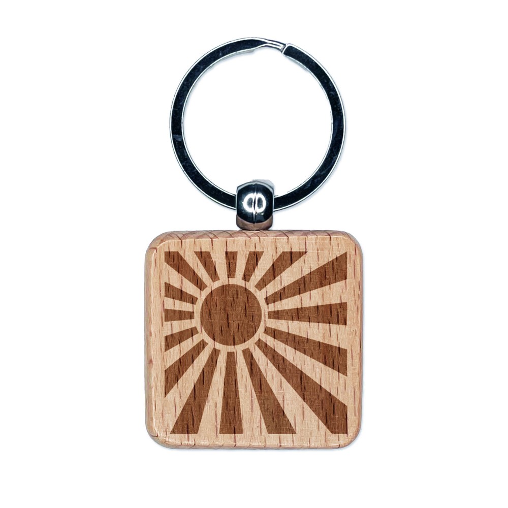 Shining Sun Rays Engraved Wood Square Keychain Tag Charm