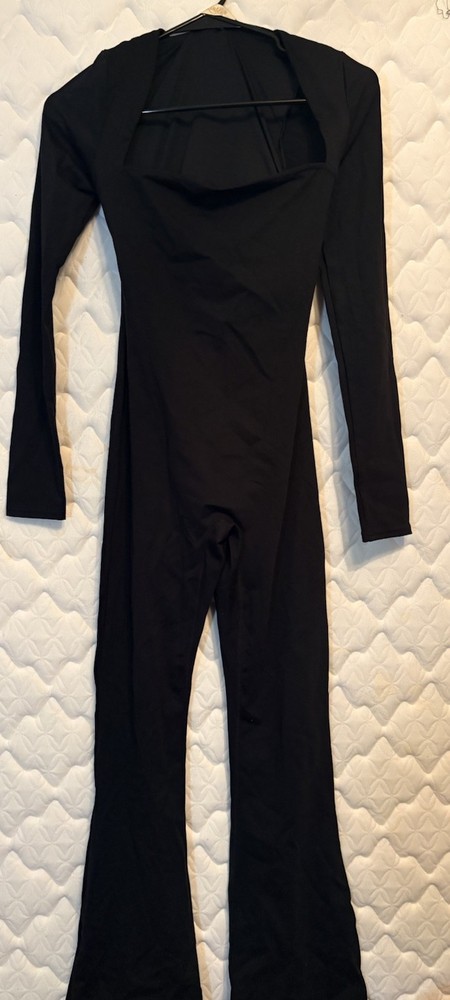Qinsen Women's Black Cotton Long Sleeve Flared Leg Square Neck Jumpsuit S