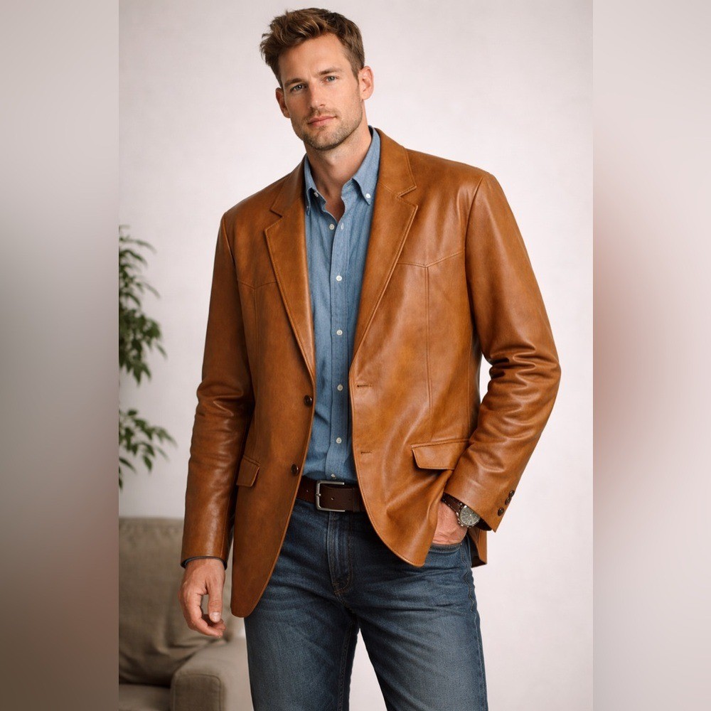 Vintage Scully Leather Blazer Jacket Mens 46 Cognac Brown Western Leather
