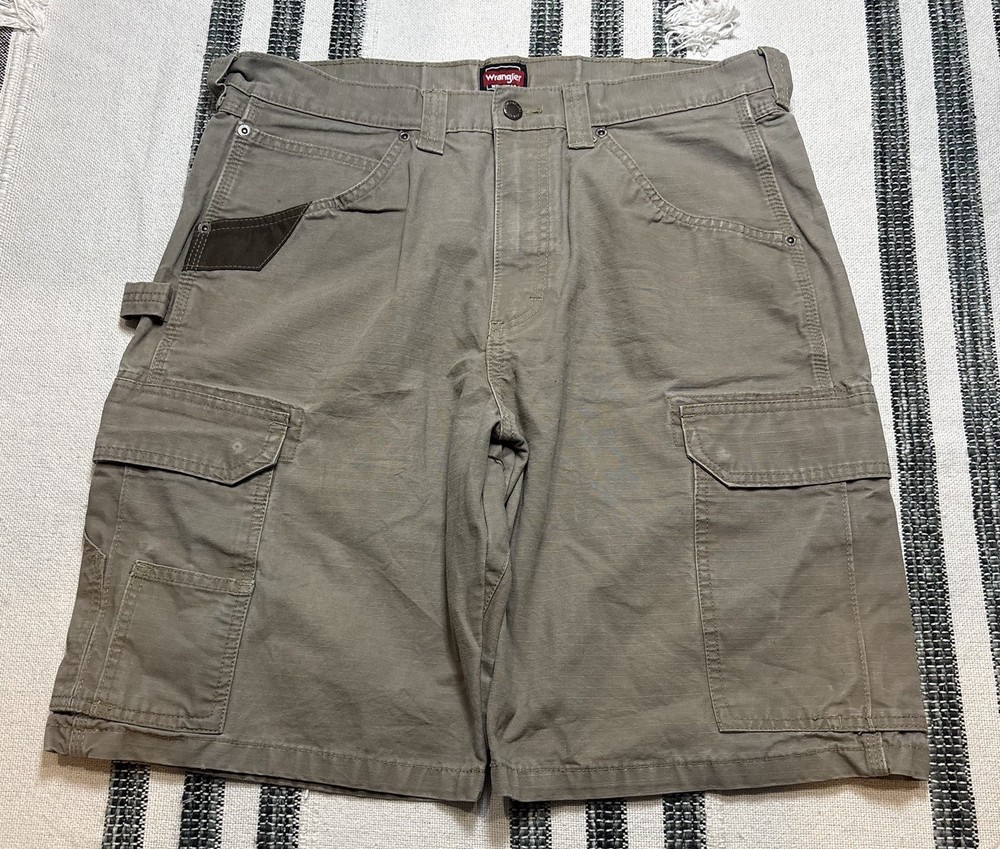 Wrangler Workwear Cargo Shorts Mens 34 Beige Ripstop Carpenter Work Utility