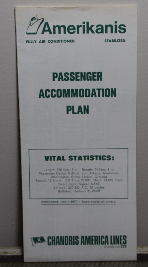 CHANDRIS LINES R.M.S Amerikanis Passenger Accommodation Plan 1970 BROCHURE