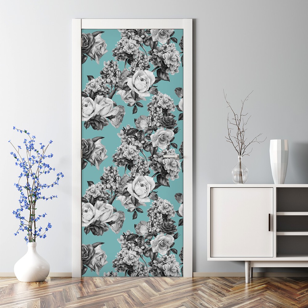 Black and white roses bubble-free self-adhesive door mural sticker