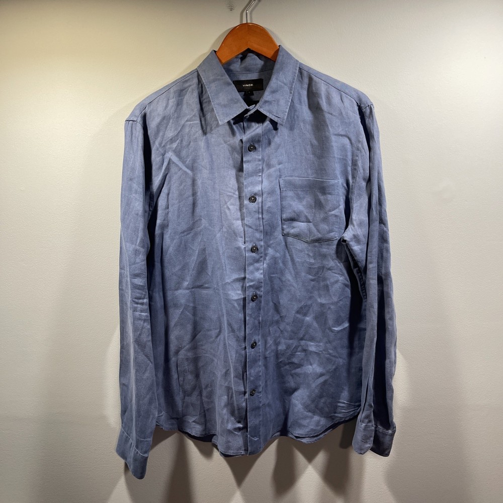 Vince Button-Up Mens Small Blue Classic Fit 100% Linen Long Sleeve Casual Shirt
