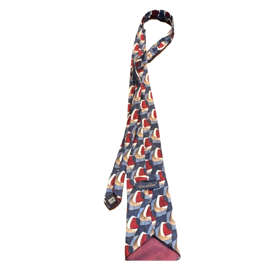 Oscar de la Renta Men's Silk Tie Blue Red Geometric Abstract Neckwear