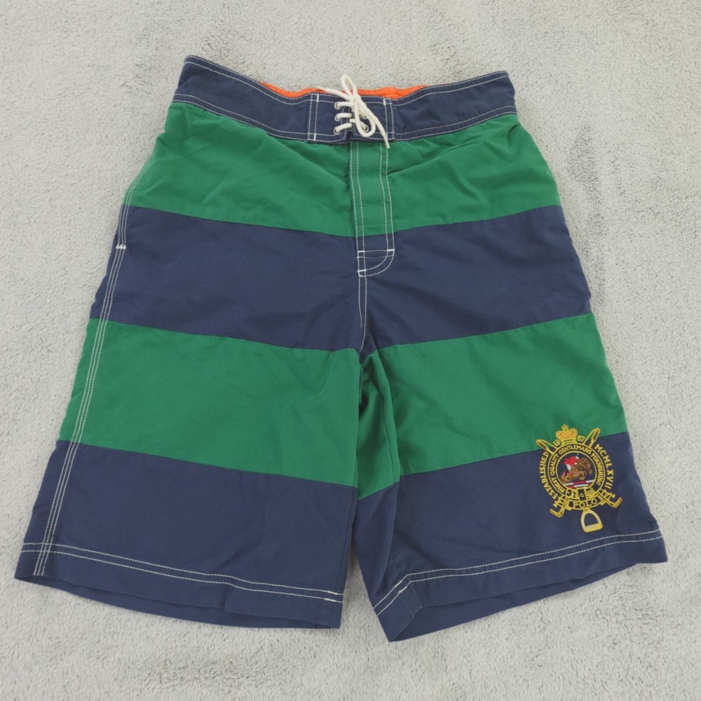 Ralph Lauren Swim Trunks Youth Large Blue Green Stripe Embroidered Equestrian