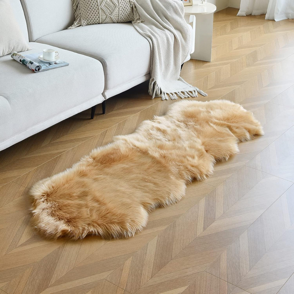 Duduta Beige Faux Sheepskin Runner Rugs 2X6 Ft, Fluffy Shag Bedroom Rug Fur Sofa