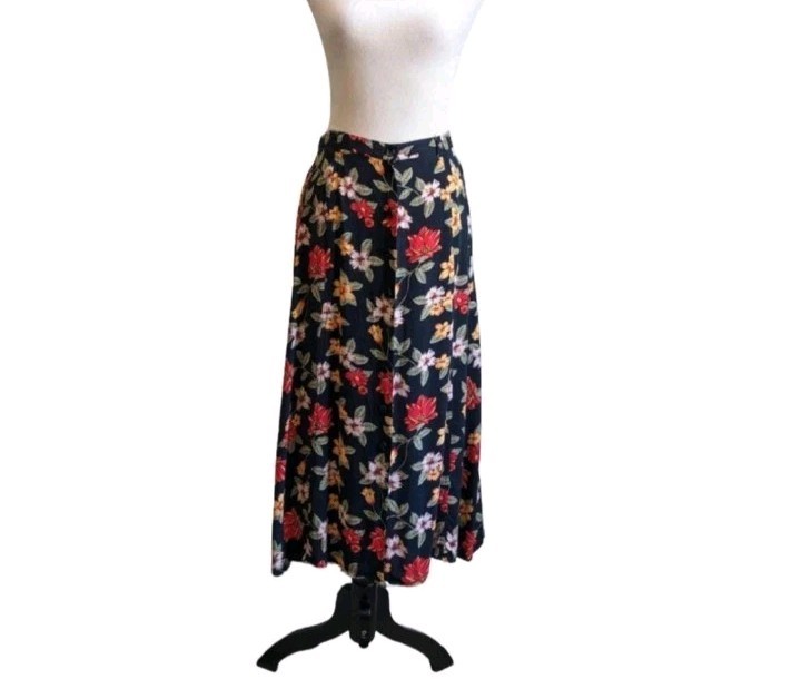 90s Sag Harbor Skirt Womens Petite Medium Black Floral Midi Vintage Boho