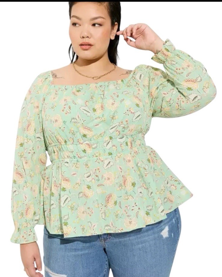 Torrid Floral Peasant Top Size 5 Green Puff Sleeve Smocked Waist 5XL Cottagecore