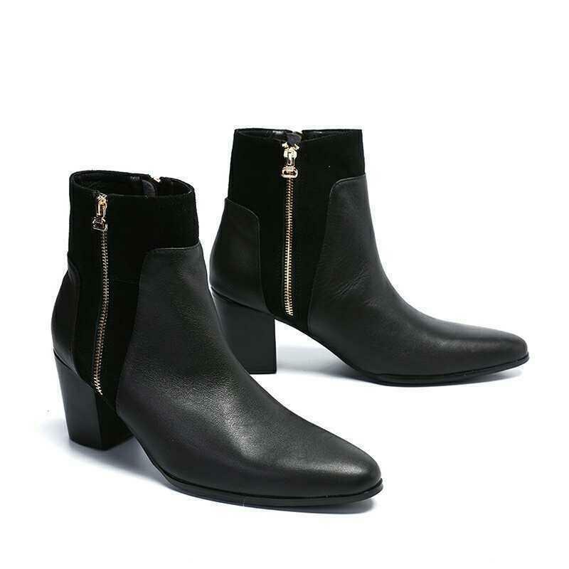 Men's Pointy Toe Cuban Heel Dress Boots with Side Zip in Leather