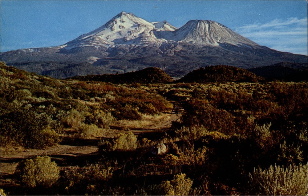 Mount Shasta California snow-capped and desert plains unused vintage postcard