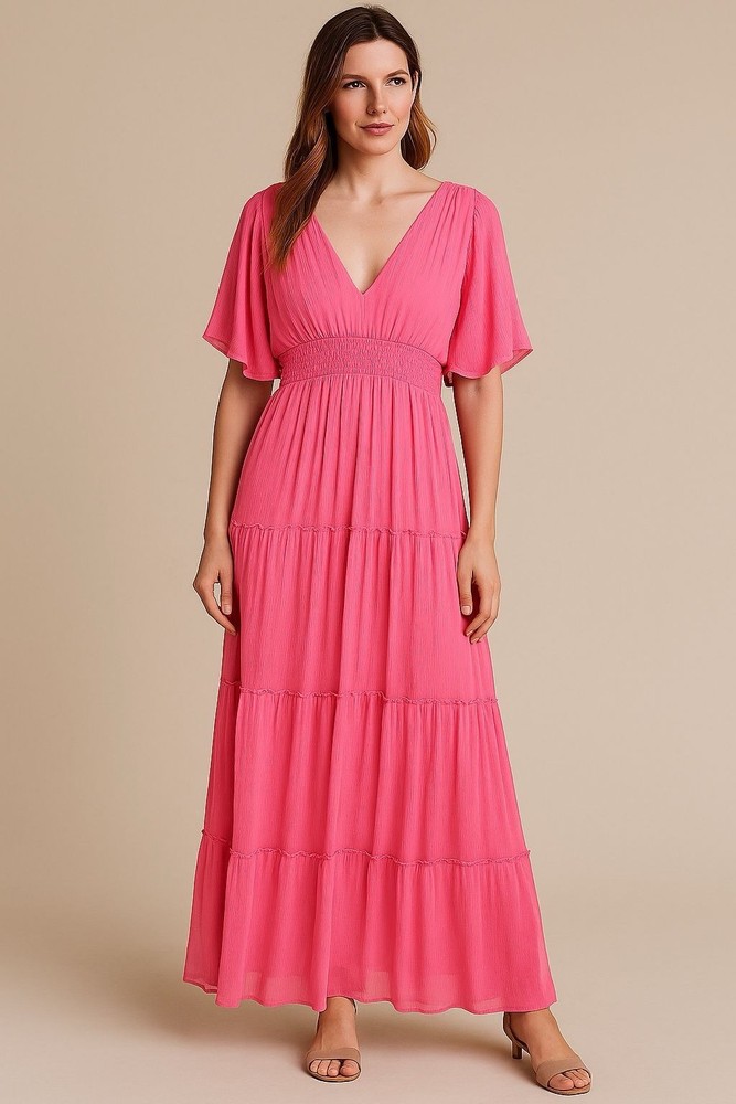 Venus Pink Maxi Dress Women’s M – Pleated Chiffon Flutter Sleeve V-Neck Boho