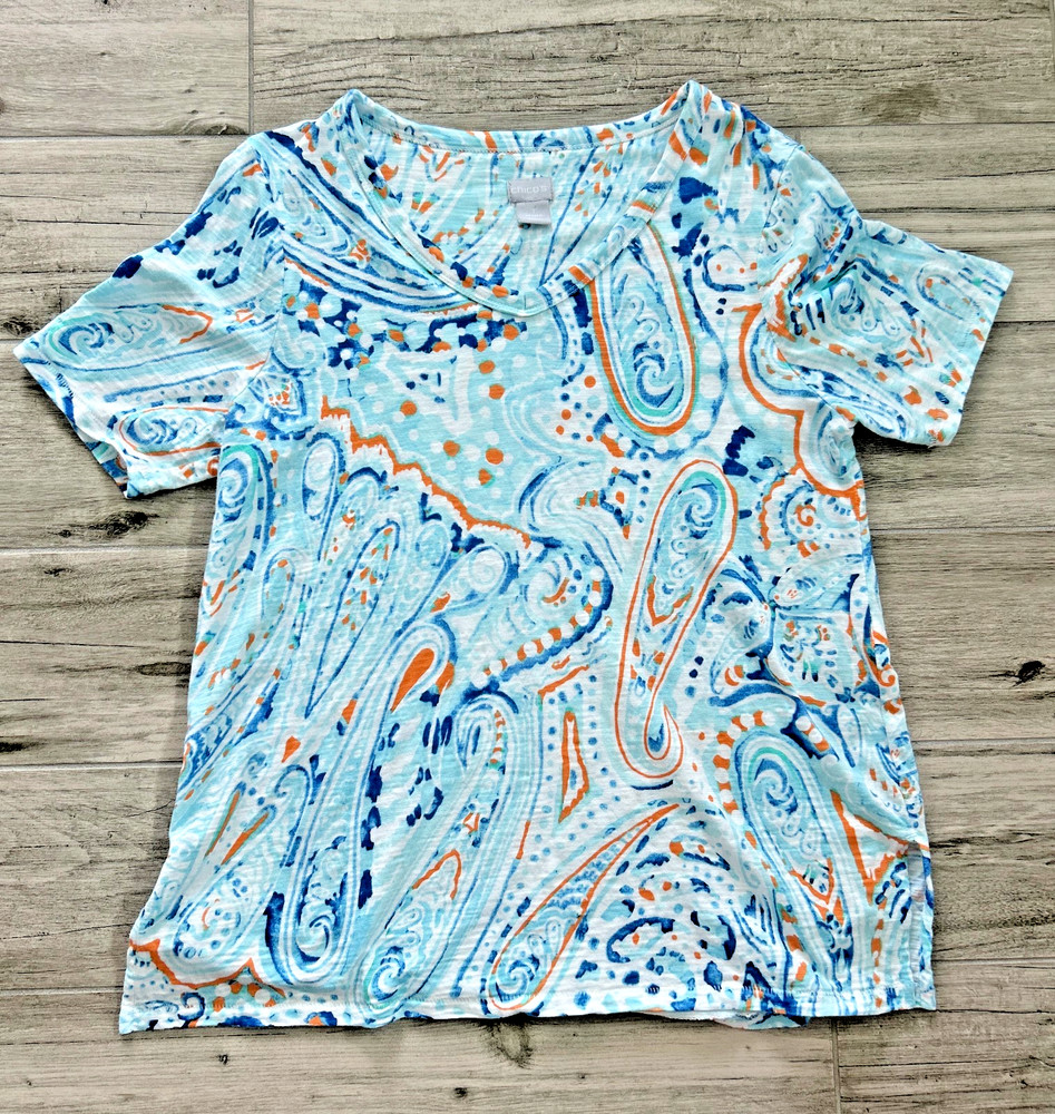 Chico's Abstract Graphic Tee Womens Size 1 M Blue Aqua Orange V Neck EUC-image