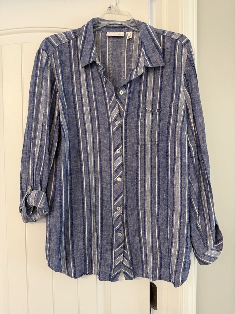 Susan Graver Women’s Blue Striped Linen Blend Button Roll Tab Shirt Size Large