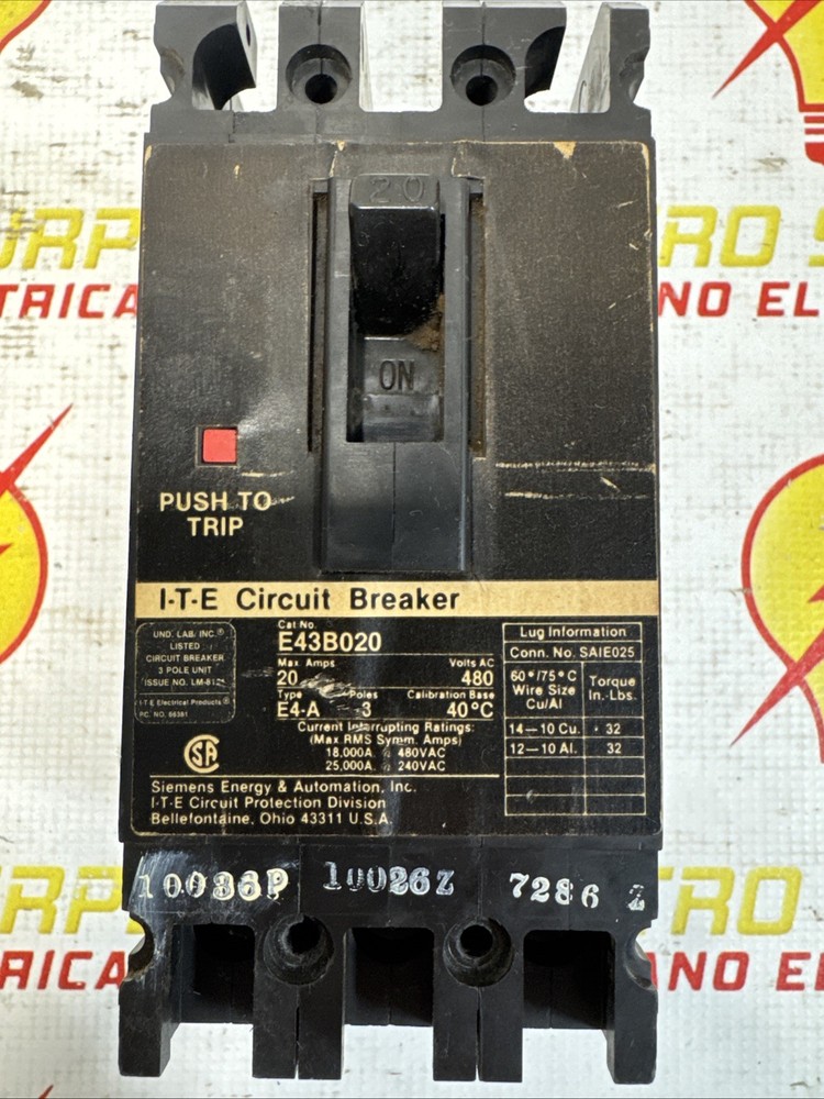 ITE Siemens E43B020 Circuit Breaker 20A 3 Pole 480V E4-A