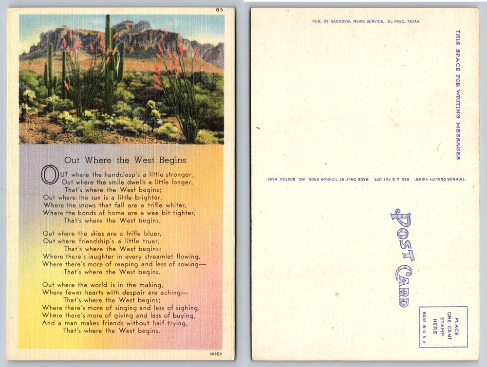 Out Where the West Begins Desert Landscape Poem Tichnor Bros Postcard