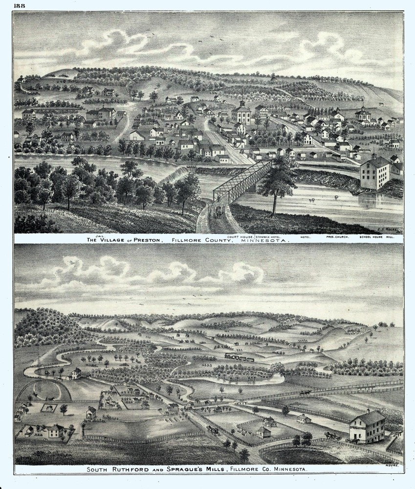 Vintage 1874 Preston Minnesota Panoramic Print - 23x27.09 Moore Historical Map