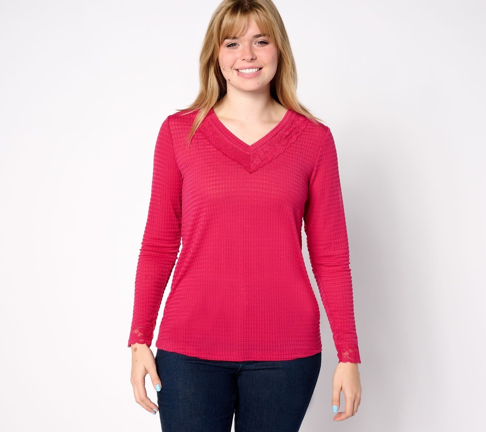 LOGO by Lori Goldstein Women's Top Sz S V- Neck Waffle Mesh with Red A625356