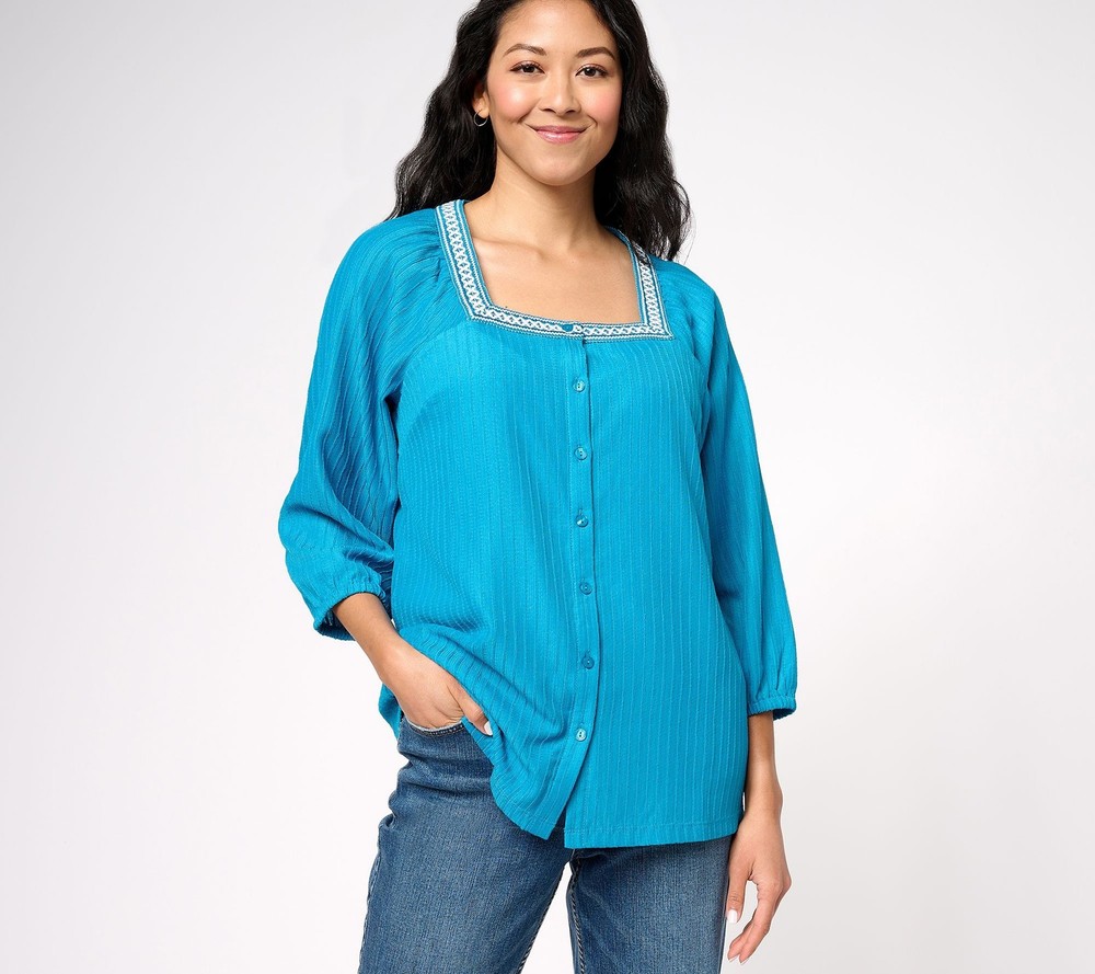 Isaac Mizrahi Live! Women's Top Sz XL Textured Stretch Woven Button Blue A607896