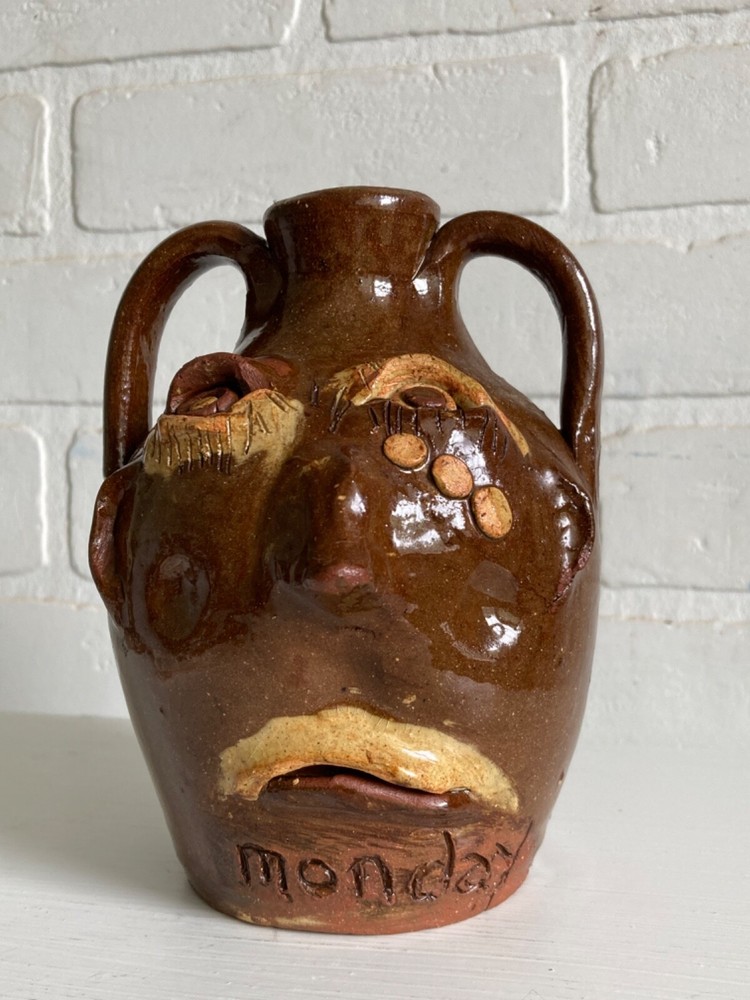 Vintage Lula Owens Bolick North Carolina Pottery Ugly Face Jug 2 Sided 5 1/2