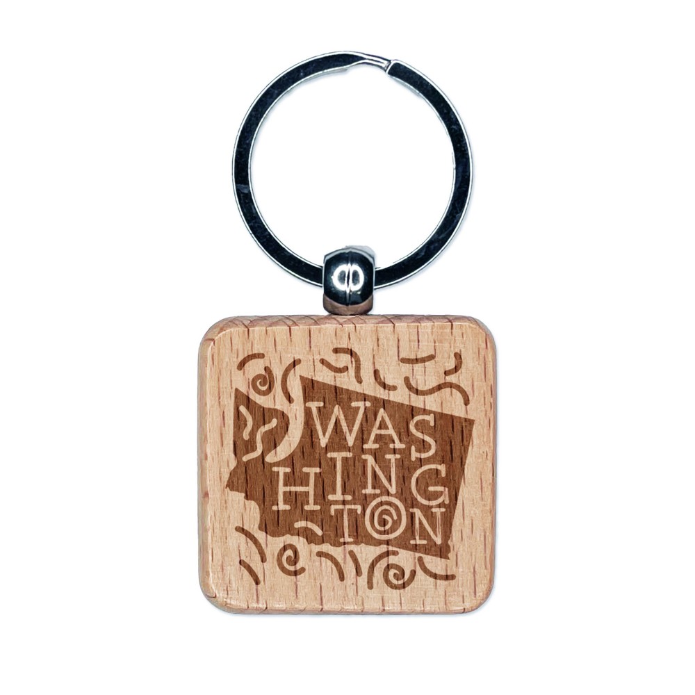 Washington State with Text Swirls Engraved Wood Square Keychain Tag Charm