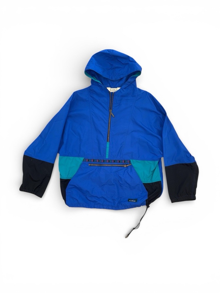 L.L. Bean Men's Colorblock Hooded Anorak Jacket Blue Black Teal Mid-Length