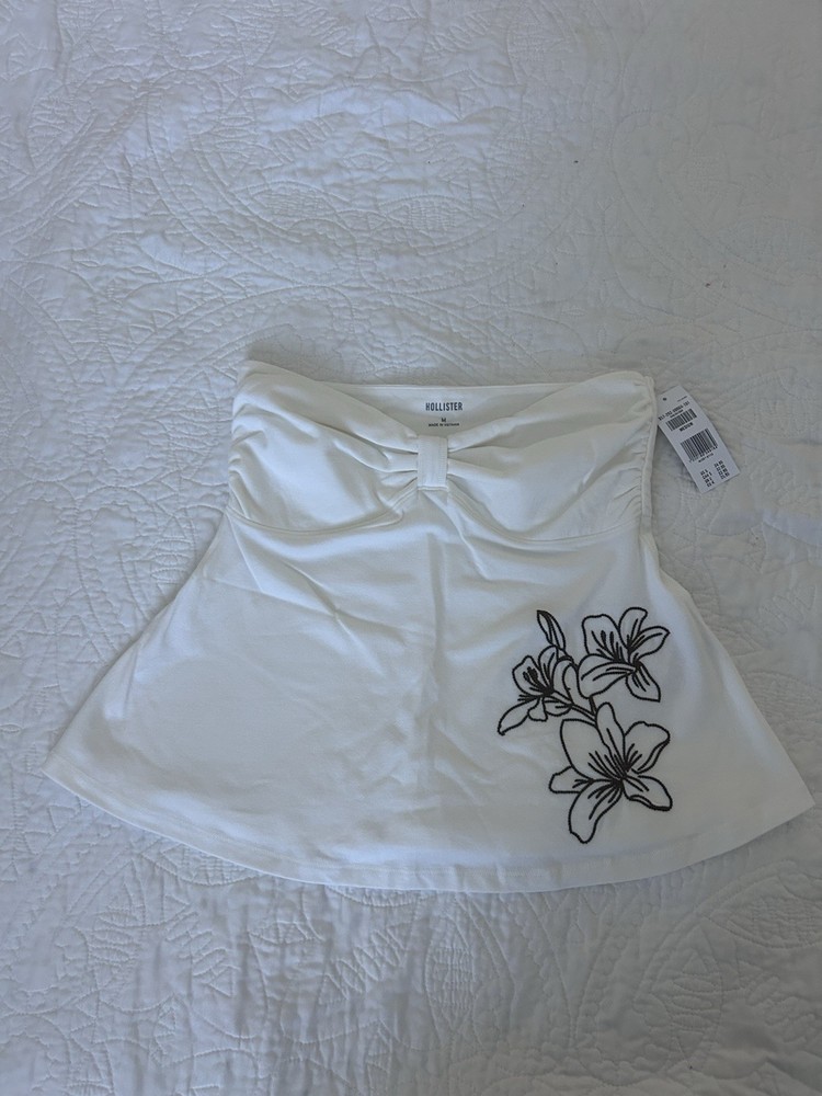 Hollister Women’s Strapless Tube Top M White/Black Floral Embroidered