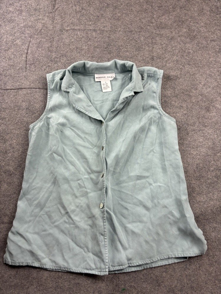 August Silk Women’s S 100% SILK Collared Tank Top Button Front Preppy Minimalist