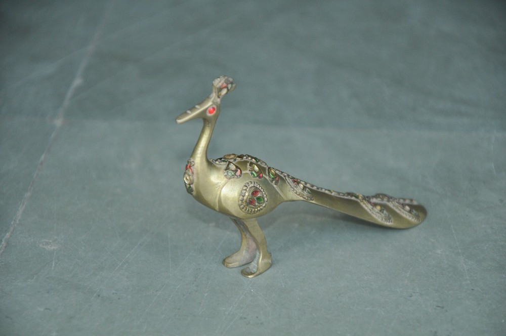 Vintage Decorative Engraved Brass Handcrafted Colorful Peacock Figurine