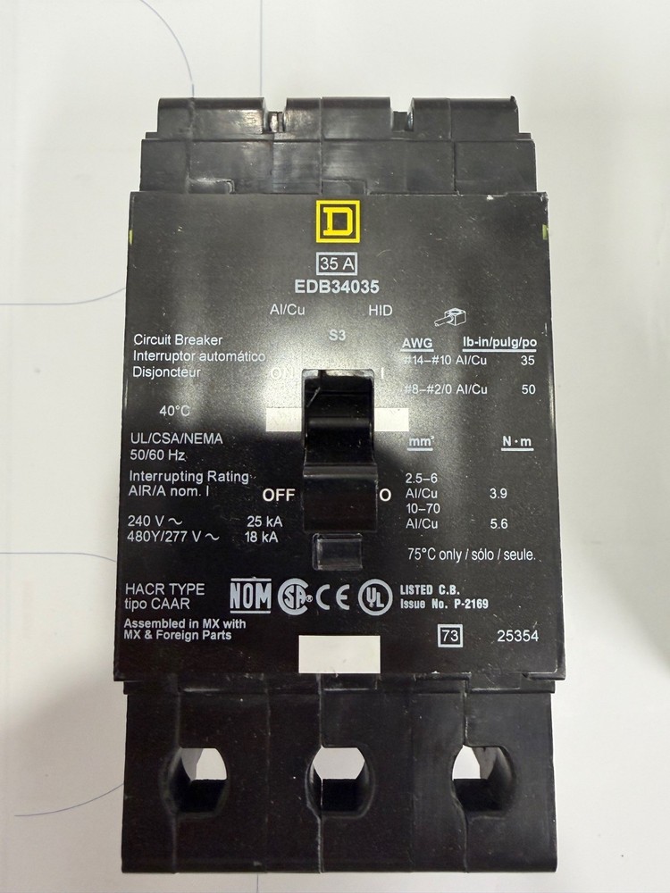 Square D Edb34035 Breaker Bolt In 35Amp 3Pole 480Y/277Volt Ac (New-Not In Box)