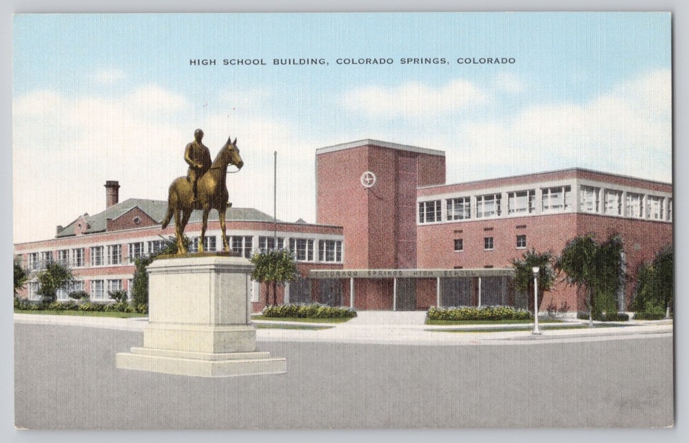 High School Colorado Springs Colorado General Palmer Statue Vintage Postcard