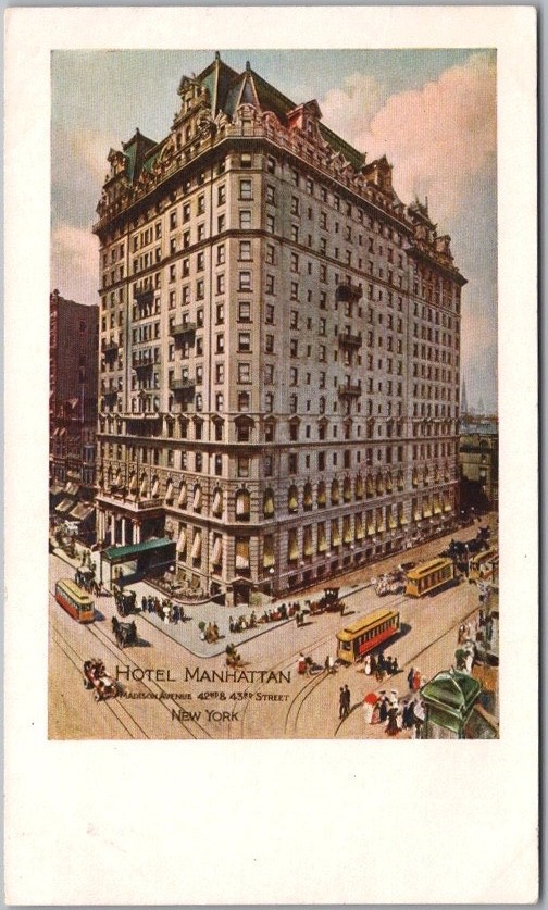 Vintage NEW YORK CITY Postcard HOTEL MANHATTAN Artist's Street Scene / UNUSED
