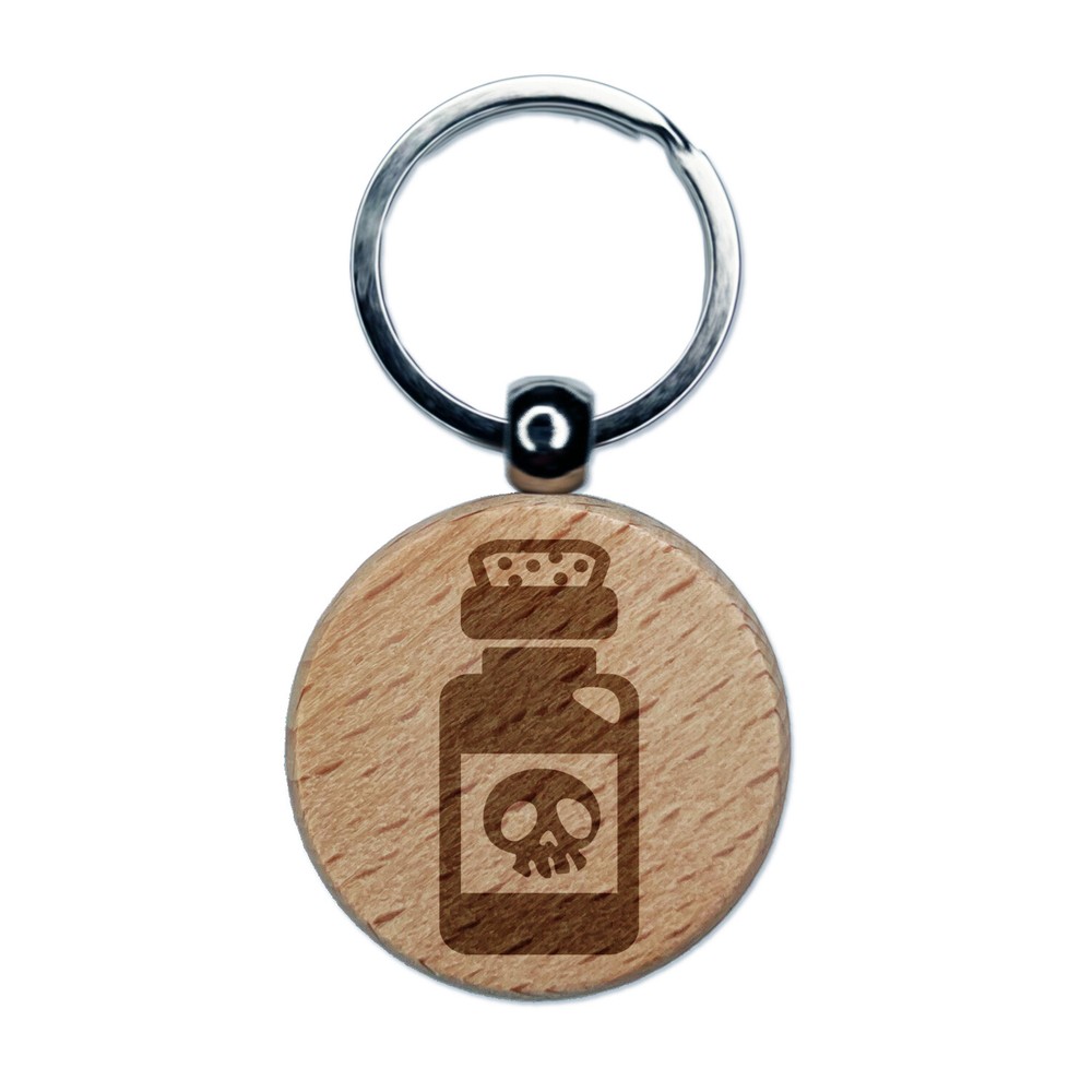 Poison Potion Bottle Engraved Wood Round Keychain Tag Charm