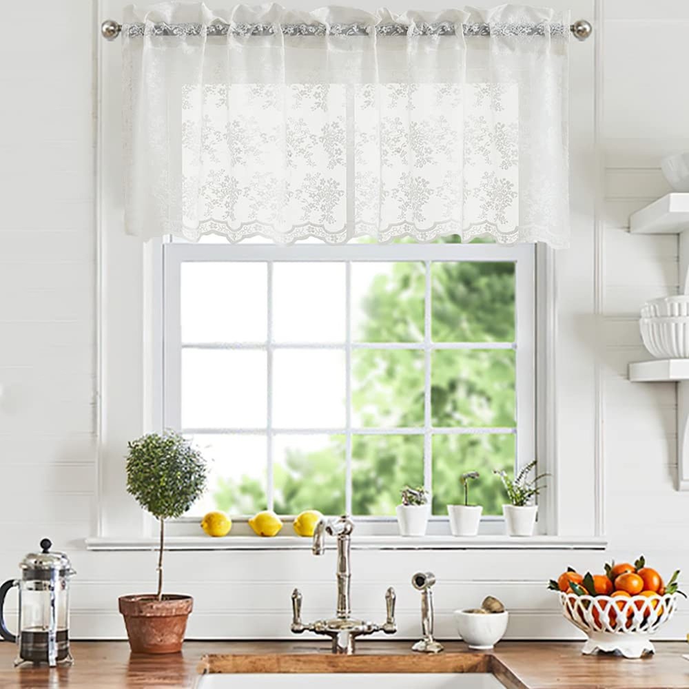 YJ YANJUN Lace Valances for Windows Ivory Antique Floral Cafe Sheer Lace Curt...