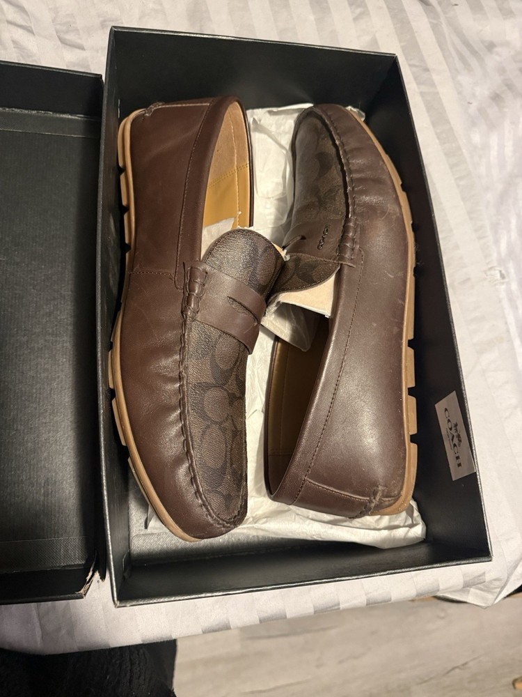 Coach Mott Driver Sig PVC Brown Logo Leather Men's Loafer US 13 D